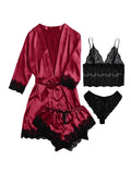 Silk Satin Pajama Set for Women - 4-Piece Summer Lingerie Ensemble with Floral Lace Top, Shorts, and Robe in Burgundy, Size XXL