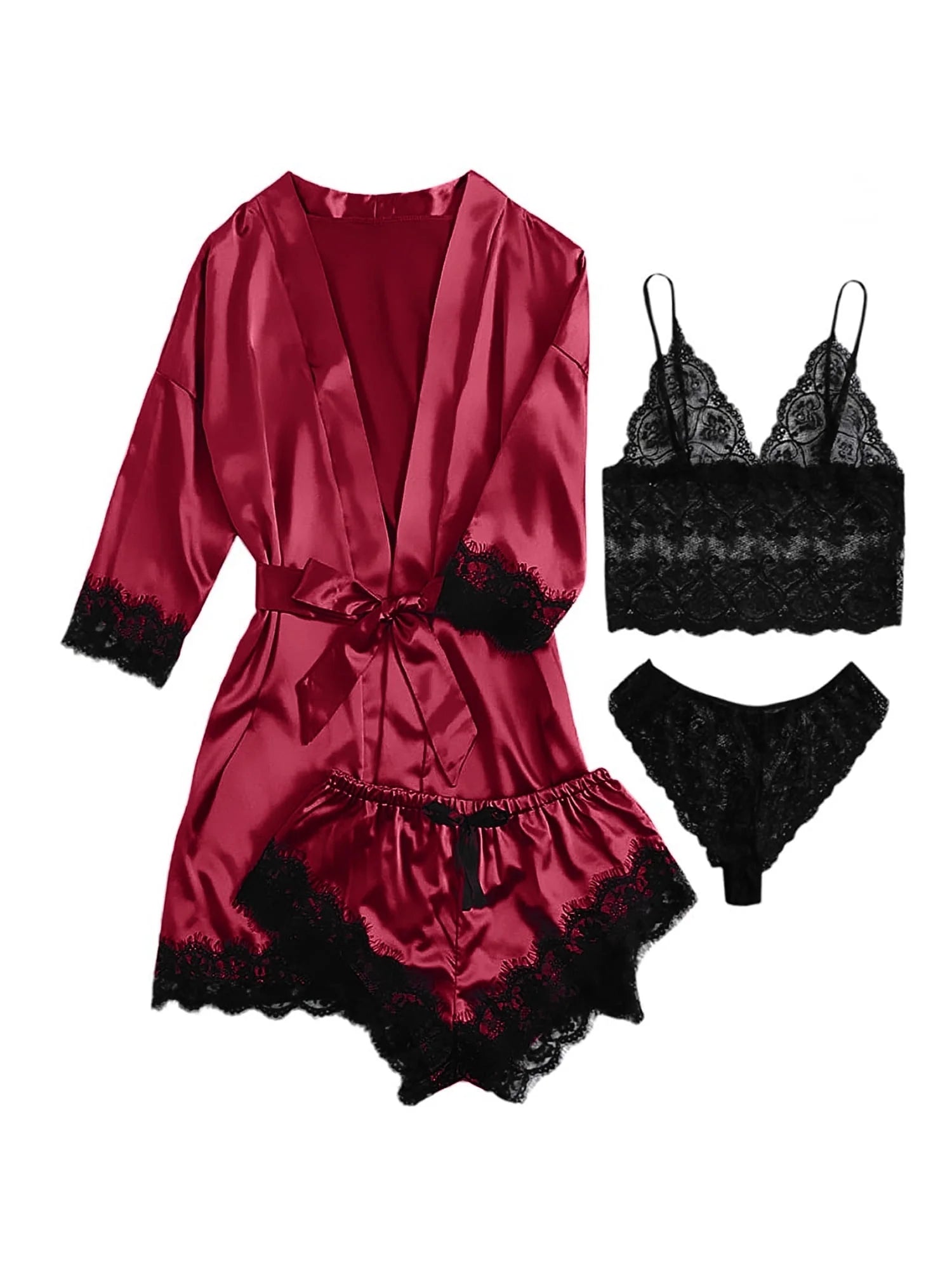 Silk Satin Pajama Set for Women - 4-Piece Summer Lingerie Ensemble with Floral Lace Top, Shorts, and Robe in Burgundy, Size XXL