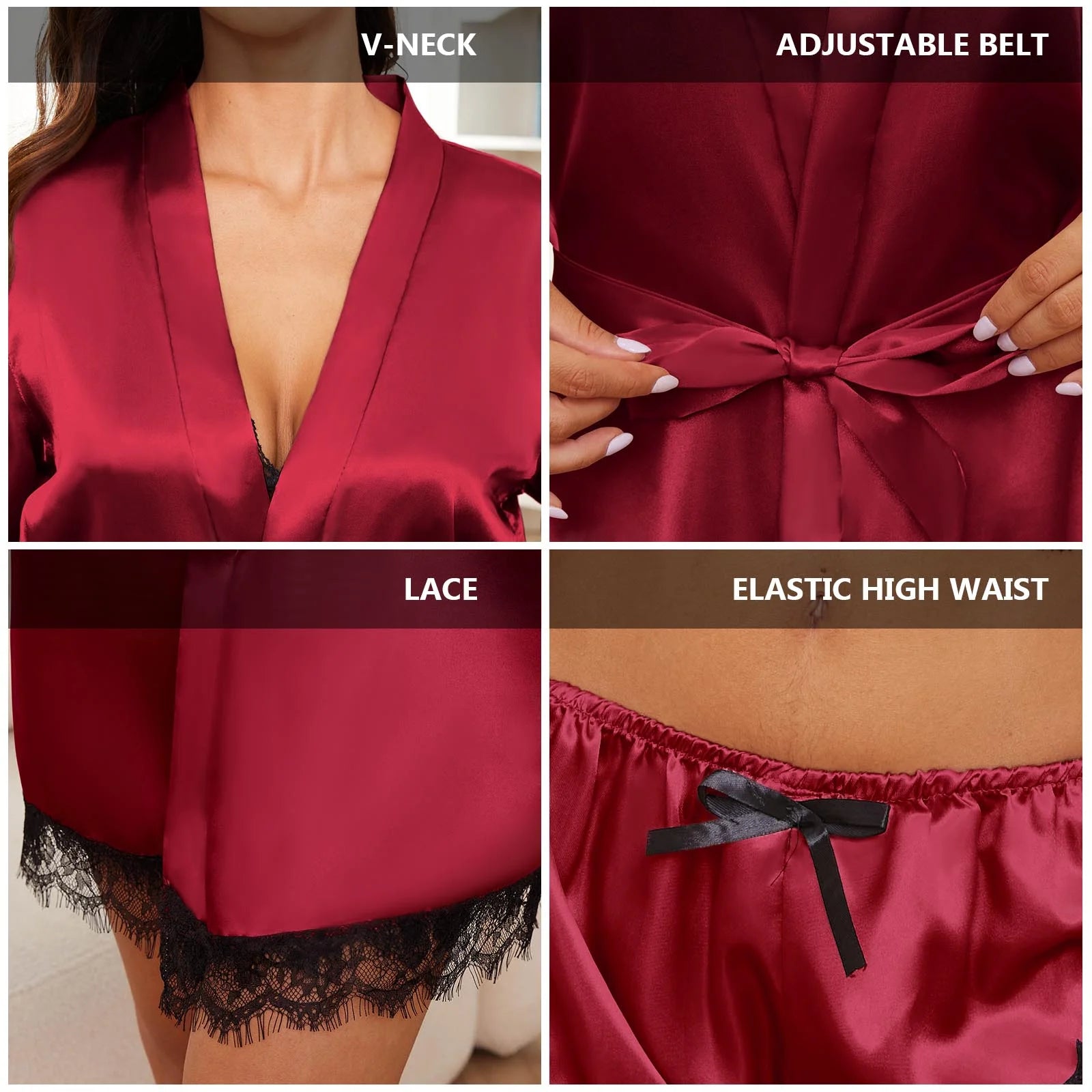 Silk Satin Pajama Set for Women - 4-Piece Summer Lingerie Ensemble with Floral Lace Top, Shorts, and Robe in Burgundy, Size XXL