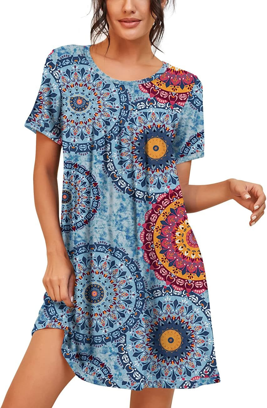 Short Sleeve Knee Length Nightgowns for Women | Pleated Sleep Shirts in Breathable, Stretchy Fabric, Soft Sleep Dress