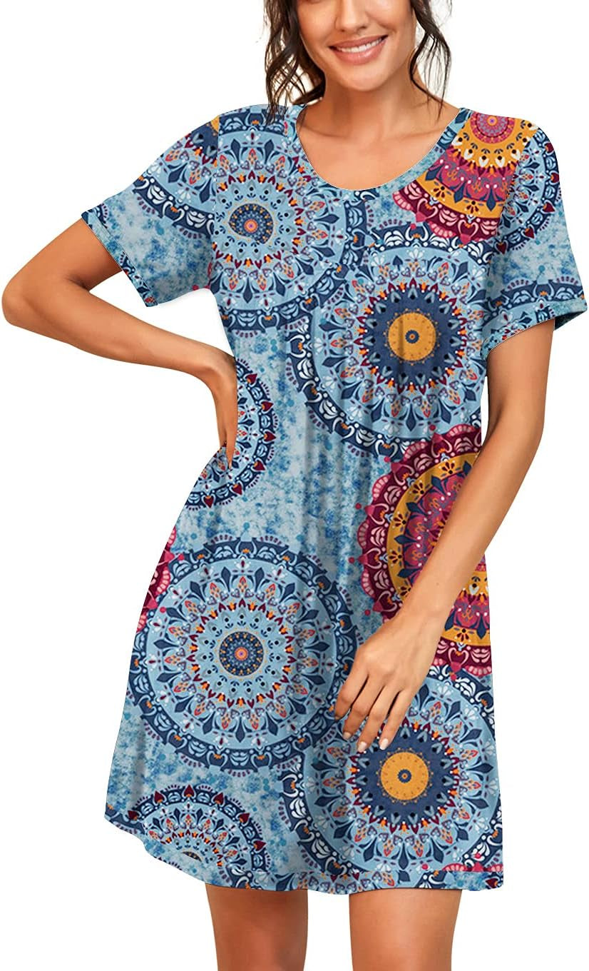 Short Sleeve Knee Length Nightgowns for Women | Pleated Sleep Shirts in Breathable, Stretchy Fabric, Soft Sleep Dress