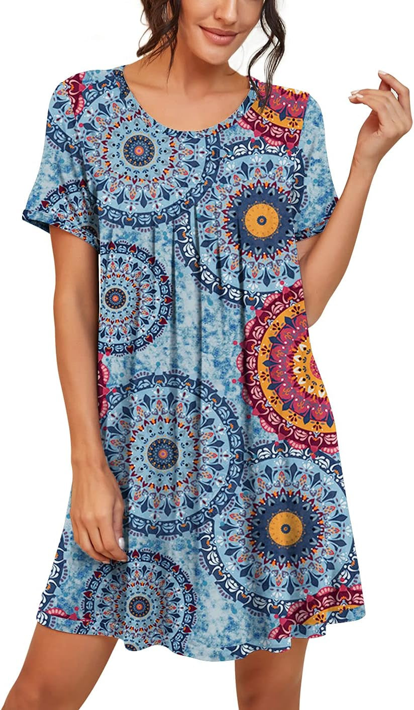 Short Sleeve Knee Length Nightgowns for Women | Pleated Sleep Shirts in Breathable, Stretchy Fabric, Soft Sleep Dress