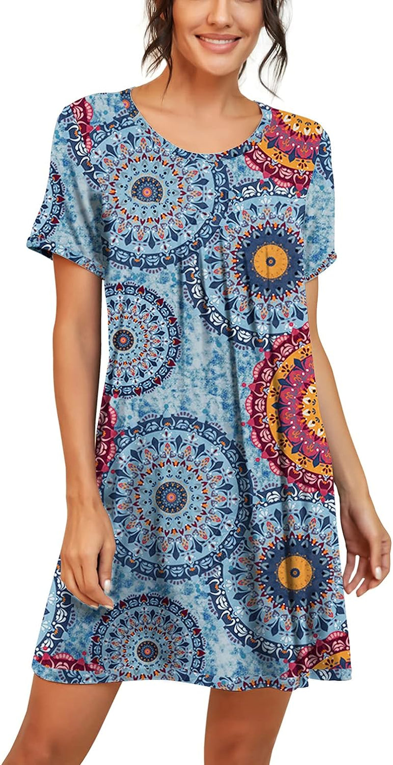 Short Sleeve Knee Length Nightgowns for Women | Pleated Sleep Shirts in Breathable, Stretchy Fabric, Soft Sleep Dress